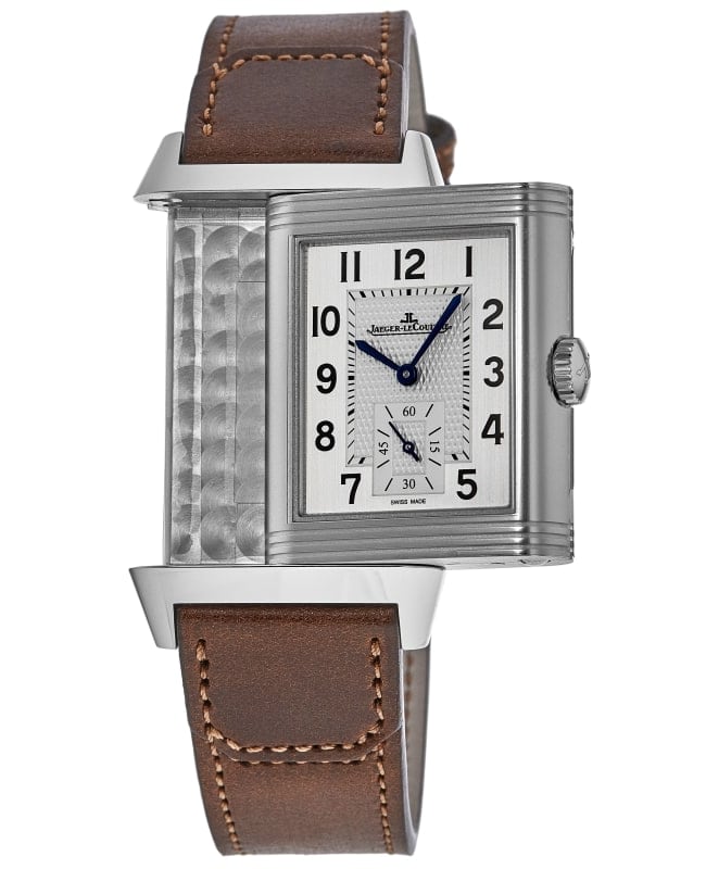 Jaeger LeCoultre Reverso Classic Large Duoface Small Seconds Manual Wind GMT Silver Dial Brown Leather Strap Men s Watch 3848422