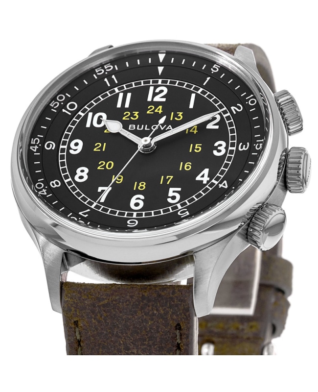 Dial A-15 Bulova Leather 96A245 Pilot Men\'s Strap Brown Watch Black