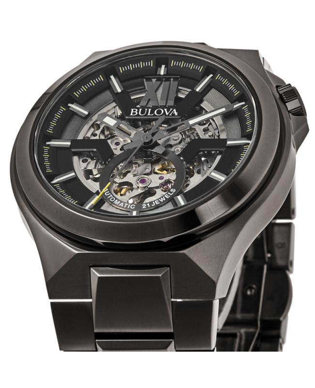 Bulova Classic Gunmetal Skeleton Dial Black Steel Men s Watch 98A179