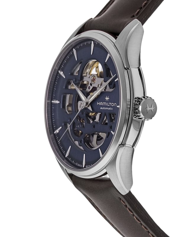 海外限定スパイク販売 Blue Auto Skeleton Jazzmaster Hamilton Dial Strap Leather 時計