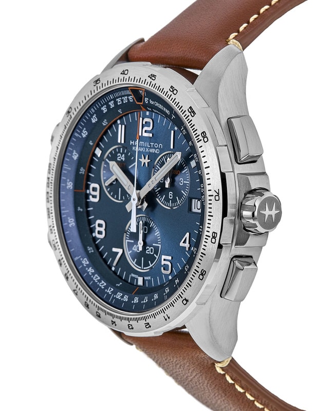 Hamilton Khaki X-Wind GMT Chrono Quartz Blue Dial Brown Leather Strap Men's  Watch H77922541