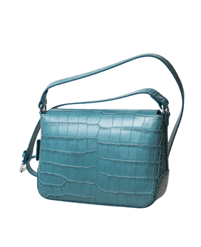 Longchamp Crossbody Shoulder Bag Roseau Turquoise Leather Croc Embossed