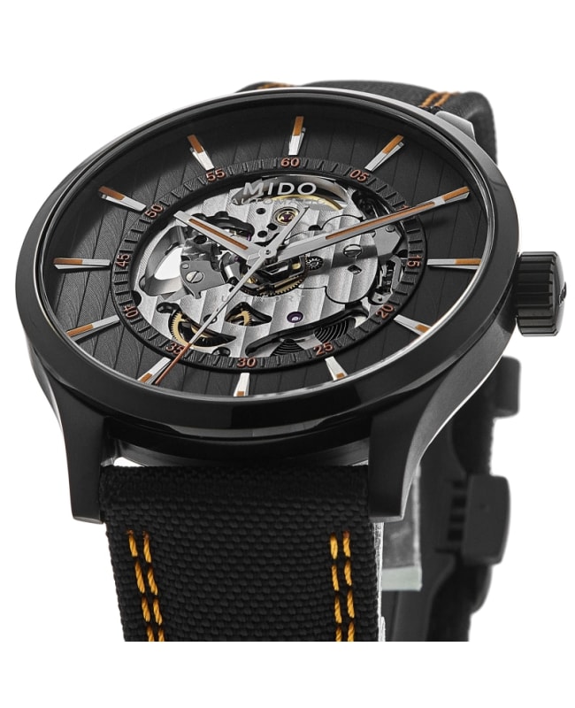 Mido Multifort Skeleton Vertigo Black Dial Fabric Strap Men 