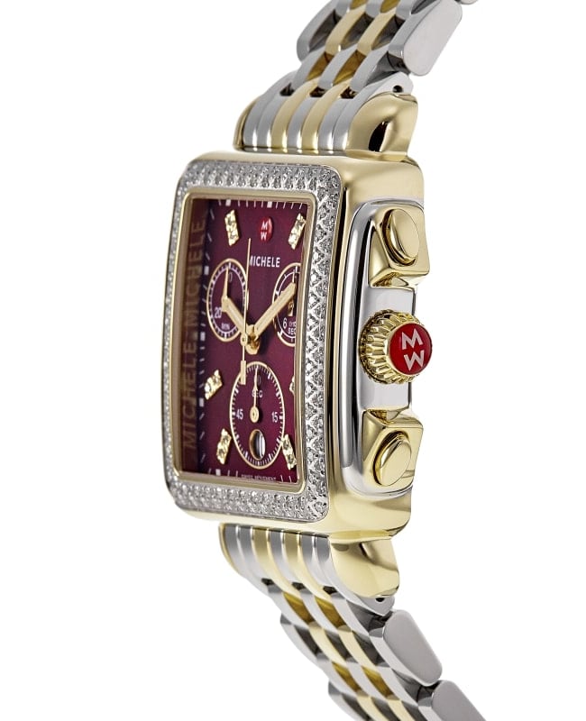 Michele Deco Red Dial Diamond Two Tone Steel Women s Watch MWW06A000799