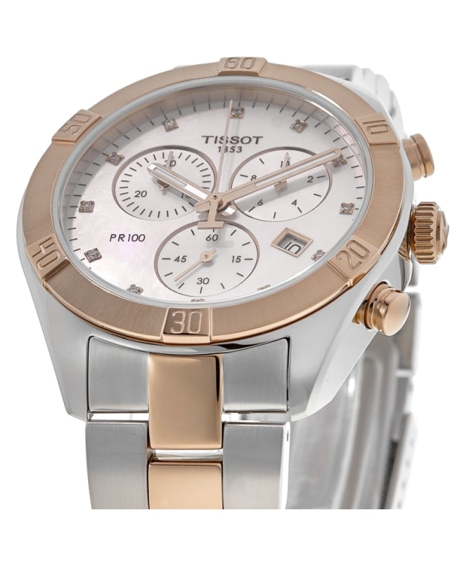Tissot PR 100 Chronograph Mother of Pearl Diamond Dial Two Tone Stainless Steel Women s Watch T101.917.22.116.00