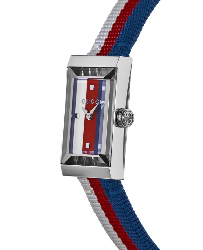 グッチ GUCCI 腕時計 Gフレーム 147.5/YA147508 レクタンギュラー ホワイト/レッド/ネイビー文字盤 ロング ナイロンベルト SS クオーツアナログ 【中古】 GUCCI - グッチ GUCCI 腕時計 Gフレーム 147.5/YA147508