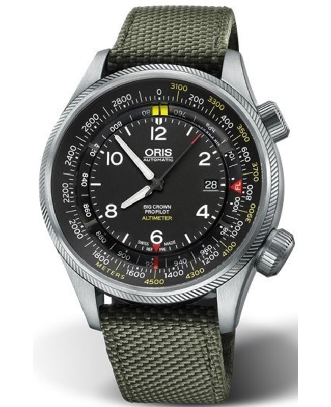 Oris Big Crown ProPilot Altimeter With Meter Scale Black Dial Olive Fabric Strap Men's Watch 01 733 7705 4164-Set 5 23 14FC