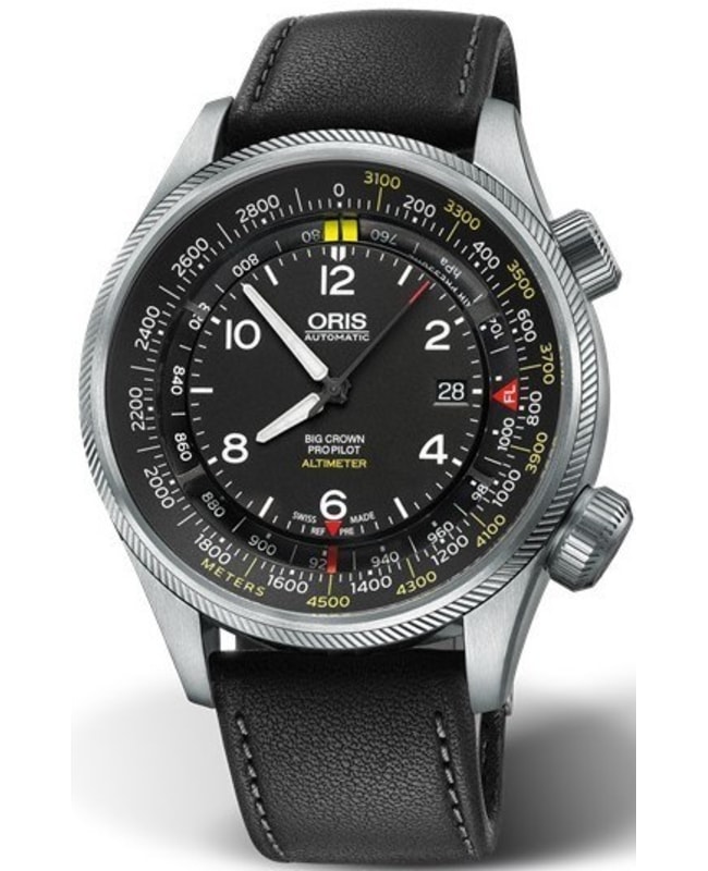 Oris Big Crown ProPilot Altimeter With Meter Scale Black Dial Black Leather Strap Men's Watch 01 733 7705 4164-Set 5 23 19FC