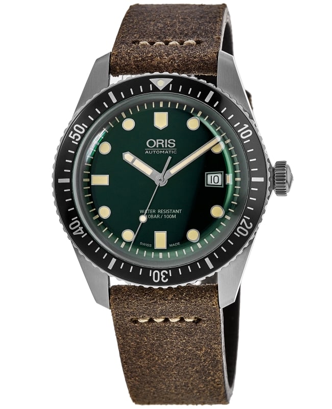 Oris Divers Sixty-Five Automatic Green Dial Leather Strap Men's