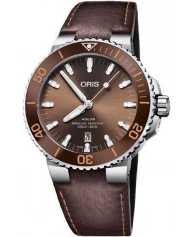 Oris Aquis Date Brown Dial Brown Leather Strap Men's Watch 01 733 7730 4152-07 5 24 12EB