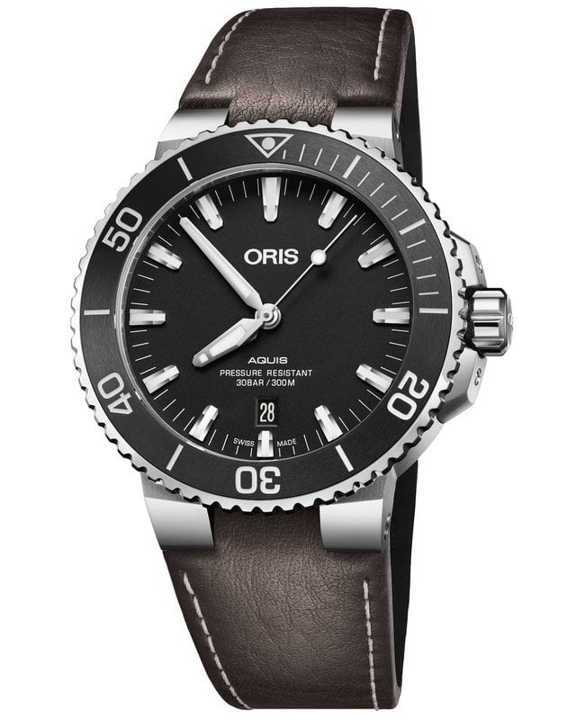Oris Aquis Date Black Dial Brown Leather Strap Men's Watch 01 733 7730 4154-07 5 24 10EB