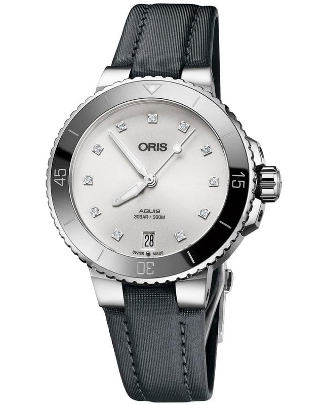 Oris Aquis Date Diamonds Grey Fabric Women's Watch 01 733 7731 4191-07 5 18 45FC