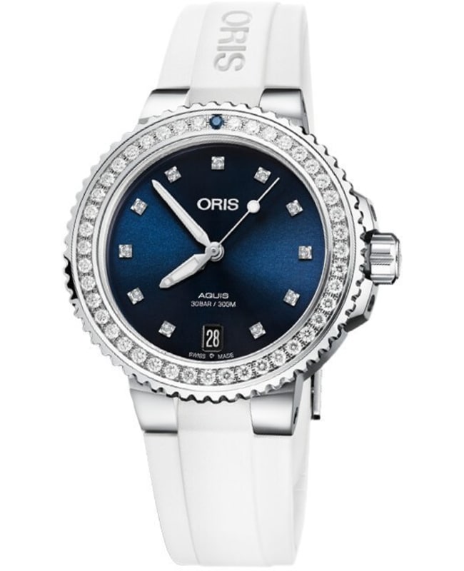 Oris Aquis Date Diamonds Blue Dial Diamond White Rubber Strap Women's Watch 01 733 7731 4995-07 4 18 63FC