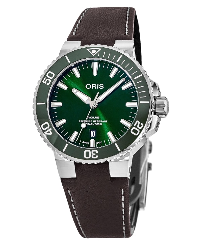 Oris Aquis Date Automatic Green Dial Leather Strap Men's Watch 01