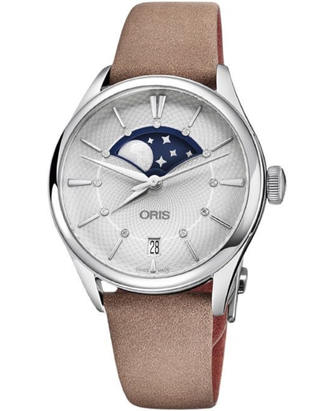 Oris Artelier Grande Lune Date Silver Dial Light Brown Leather Strap Women's Watch 01 763 7723 4051-07 5 18 33FC