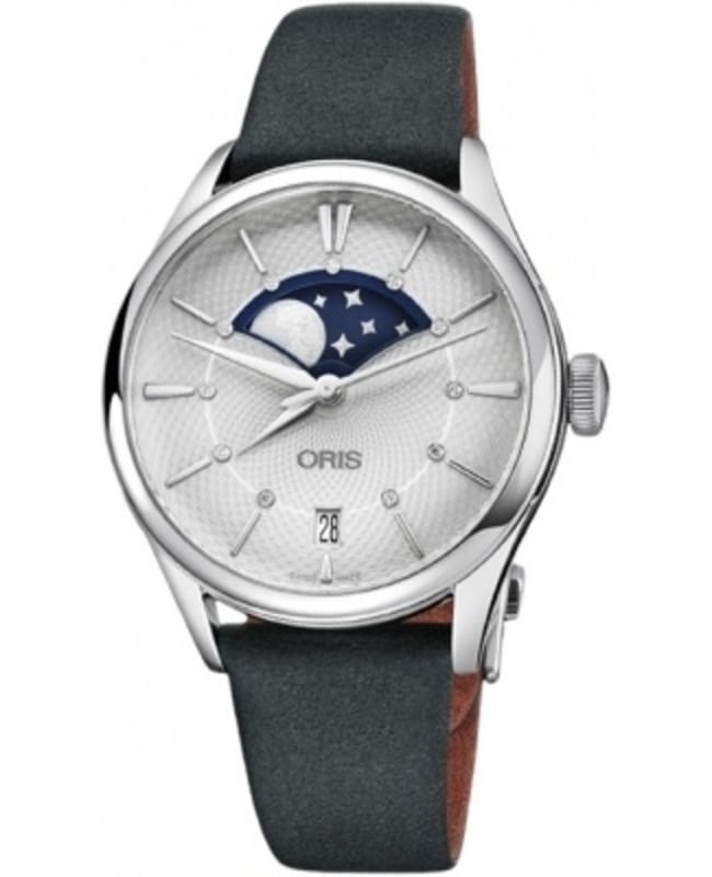 Oris Artelier Grande Lune Date Silver Dial Black Leather Strap Women's Watch 01 763 7723 4051-07 5 18 34FC