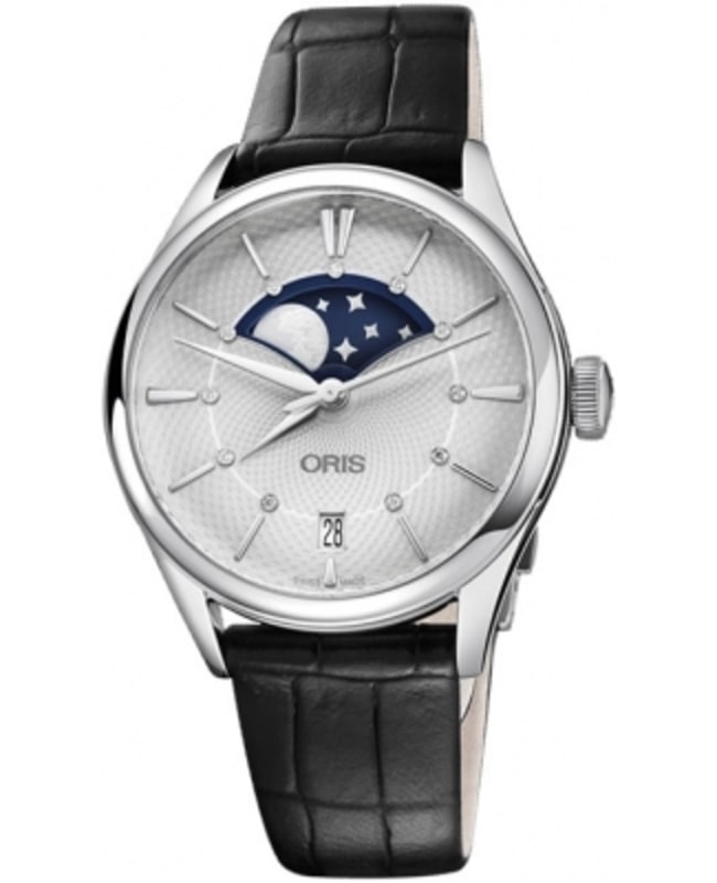 Oris Artelier Grande Lune Date Silver Dial Black Leather Strap Women's Watch 01 763 7723 4051-07 5 18 64FC