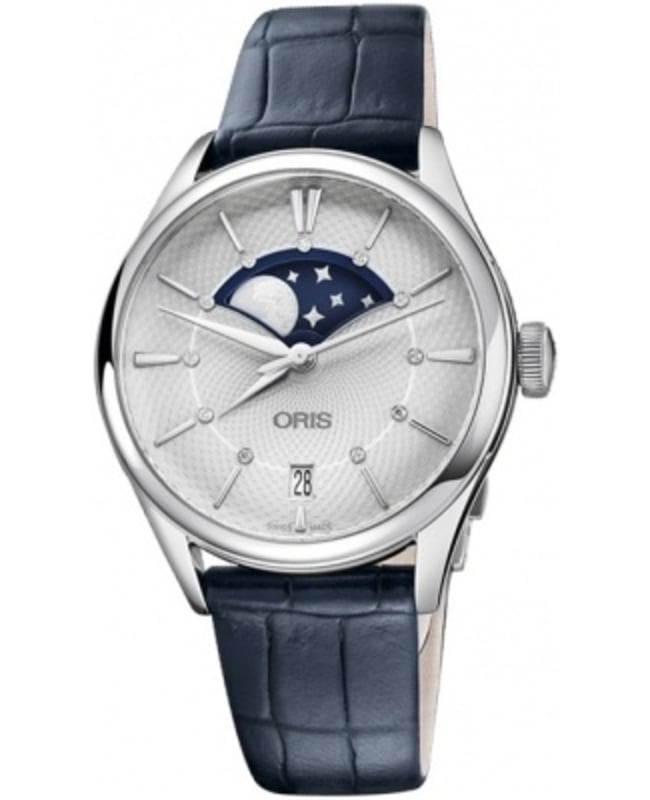 Oris Artelier Grande Lune Date Silver Dial Blue Leather Strap Women's Watch 01 763 7723 4051-07 5 18 66FC