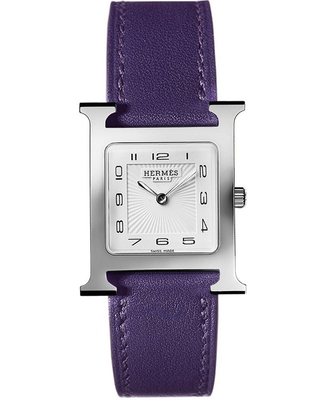 Hermes H Hour Medium MM Purple Calfskin Leather Women’s Watch 036797WW00 036797WW00