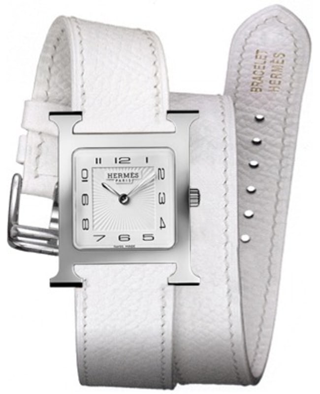 Hermes H Hour Medium MM 26mm White Leather Women’s Watch 036808WW00 036808WW00