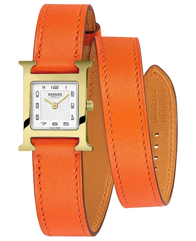 Hermes H Hour Quartz Petite TPM  17.2mm Orange Calfskin Leather Women’s Watch 039351WW00 039351WW00