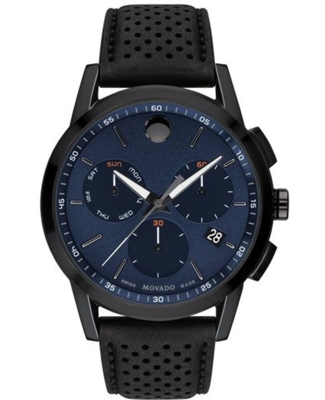 Movado Museum Sport Blue Chronograph Dial Leather Strap Men’s Watch 0607360 0607360