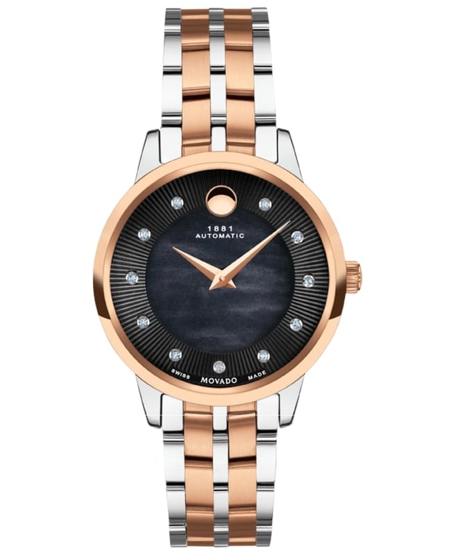 Movado 1881 Automatic Black Mother of Pearl Diamond Dial Steel and Rose Gold PVD Women’s Watch 0607488 0607488