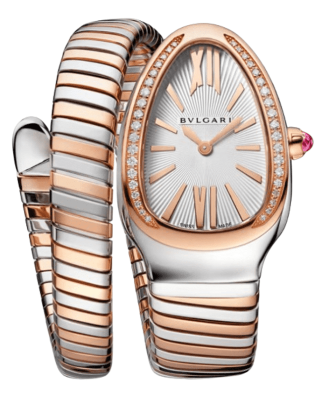 Bulgari Serpenti Tubogas Quartz Silver Dial 18K Rose Gold Diamond Bezel Women's Watch 102237