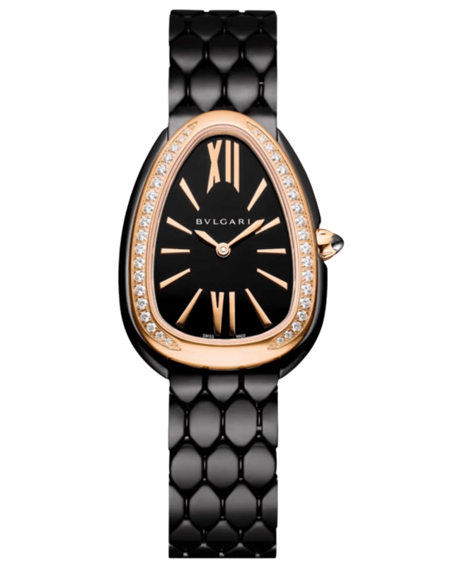 Bulgari Serpenti Seduttori Quartz Black Dial 18K Rose Gold Diamond Bezel Steel Women's Watch 103706