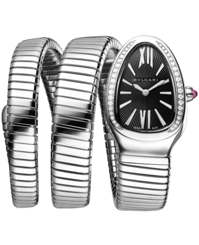 Bulgari Serpenti Tubogas Black Dial Diamond Bezel Stainless Steel Women's Watch 103818 103818