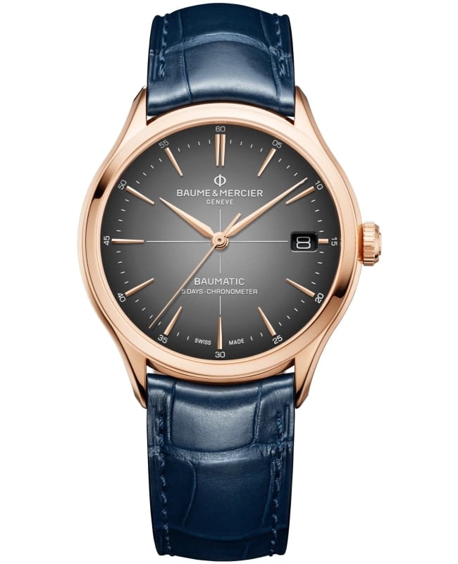 Baume & Mercier Clifton Automatic 18kt Rose Gold Grey Dial Leather Strap Men's Watch 10584 M0A10584
