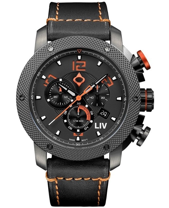 LIV Genesis GX1 Black Chronograph Dial Leather Strap Swiss Men’s Watch 1210.45.110 BFLO 1210.45.110 BFLO