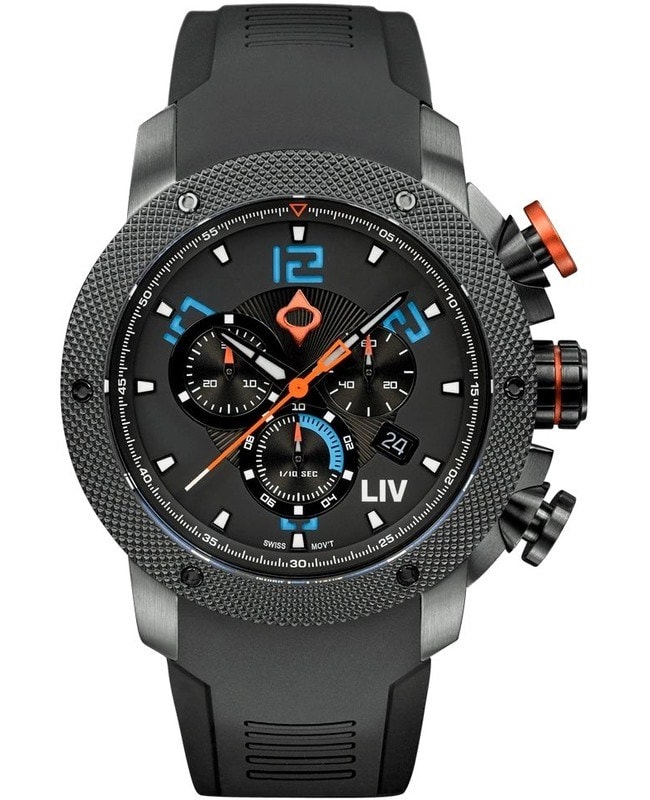 LIV Genesis GX1 Black Chronograph Dial Silicone Strap Swiss Men’s Watch 1210.45.119 SBK 1210.45.119 SBK