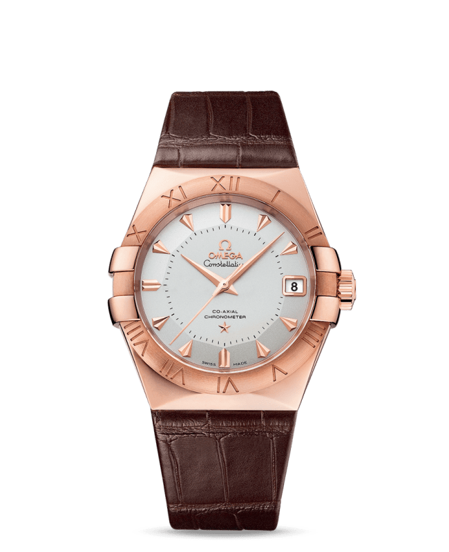 Omega Constellation Co-Axial Master Chronometer Silver Dial 18K Rose Gold Leather Strap Unisex Watch 123.53.38.21.02.001