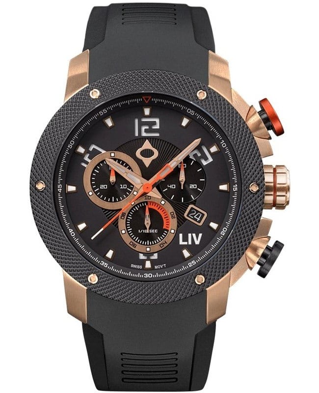 LIV Genesis GX1 Black Chronograph Dial Rose Gold Silicone Strap Swiss Men’s Watch 1260.45.90.AGL SBL 1260.45.90.AGL SBL