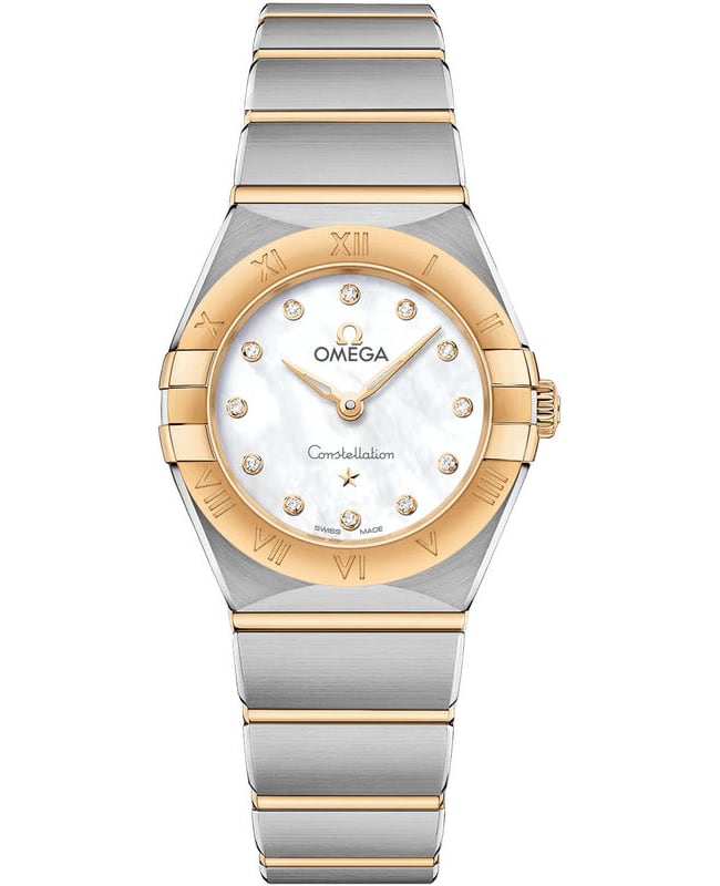 Omega Constellation Manhattan Quartz 25mm Mother of Pearl Dial Diamond Yellow Gold and Stainless Steel Women’s Watch 131.20.25.60.55.002 131.20.25.60.