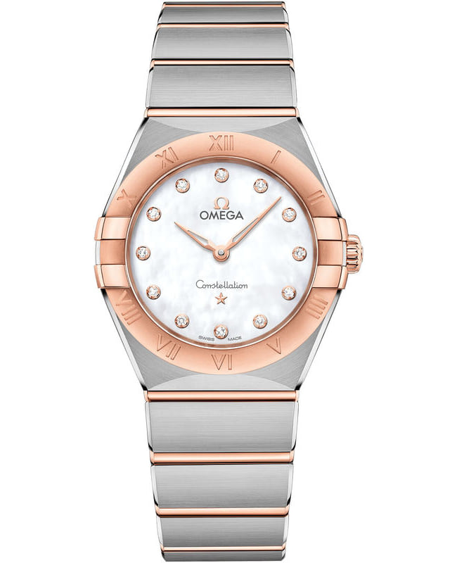 Omega Constellation Manhattan Quartz 28mm Mother of Pearl Diamond Dial Two-Tone 18k Rose Gold & Stainless Steel Women's Watch 131.20.28.60.55.001