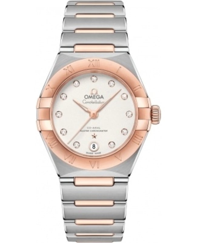 Omega Constellation Manhattan Chronometer 29mm Silver Diamond Dial Two-Tone 18K Rose Gold & Stainless Steel Women's Watch 131.20.29.20.52.001