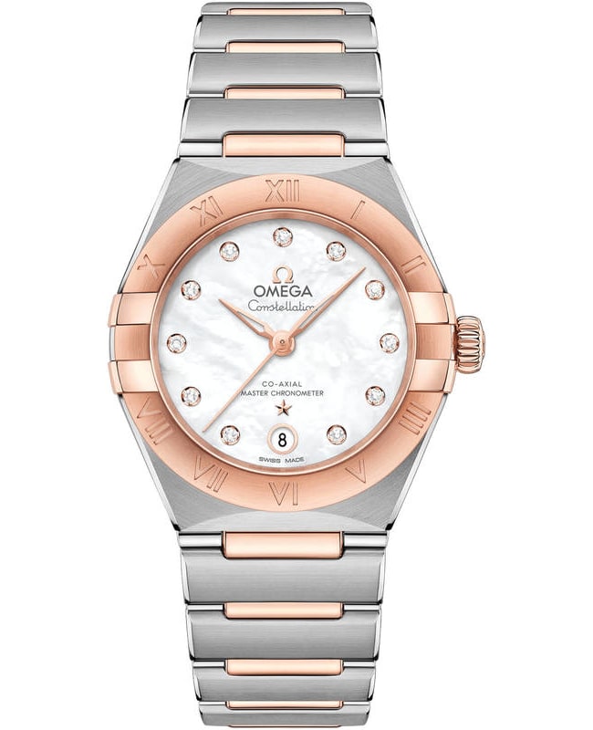 Omega Constellation Manhattan Chronometer 29mm Mother of Pearl Diamond Dial Two-Tone 18K Rose Gold & Stainless Steel Women's Watch 131.20.29.20.55.001