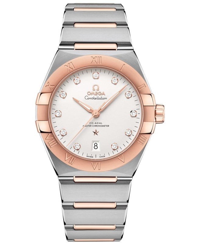 Omega Constellation Co-Axial Master Chronometer Silver Diamond Dial Two-Tone 18K Rose Gold & Stainless Steel Men's Watch 131.20.39.20.52.001