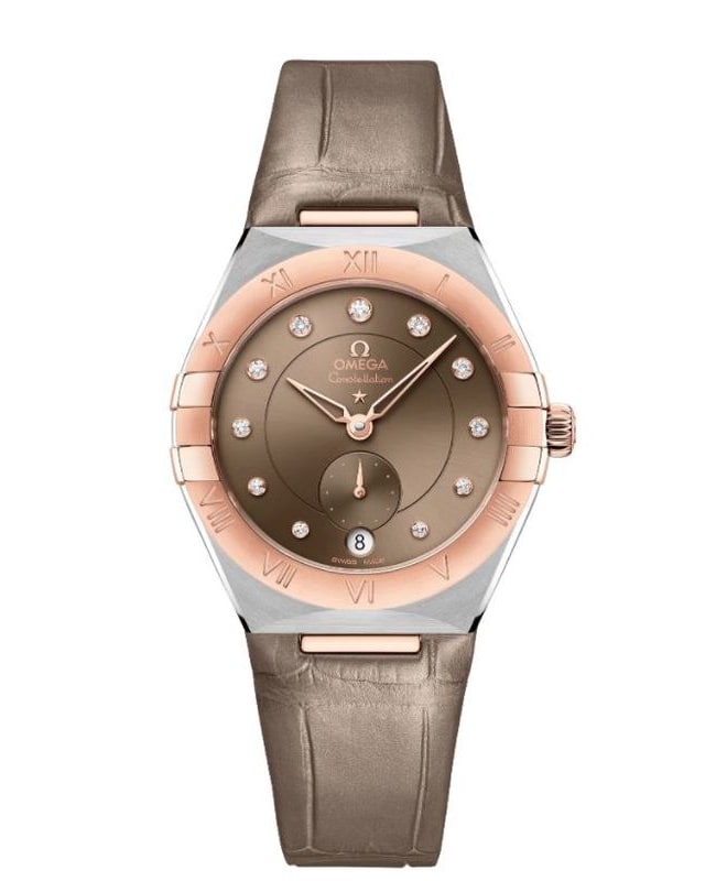 Omega Constellation Co-Axial Master Chronometer Brown Diamond Dial 18K Rose Gold Leather Strap Women's Watch 131.23.34.20.63.001