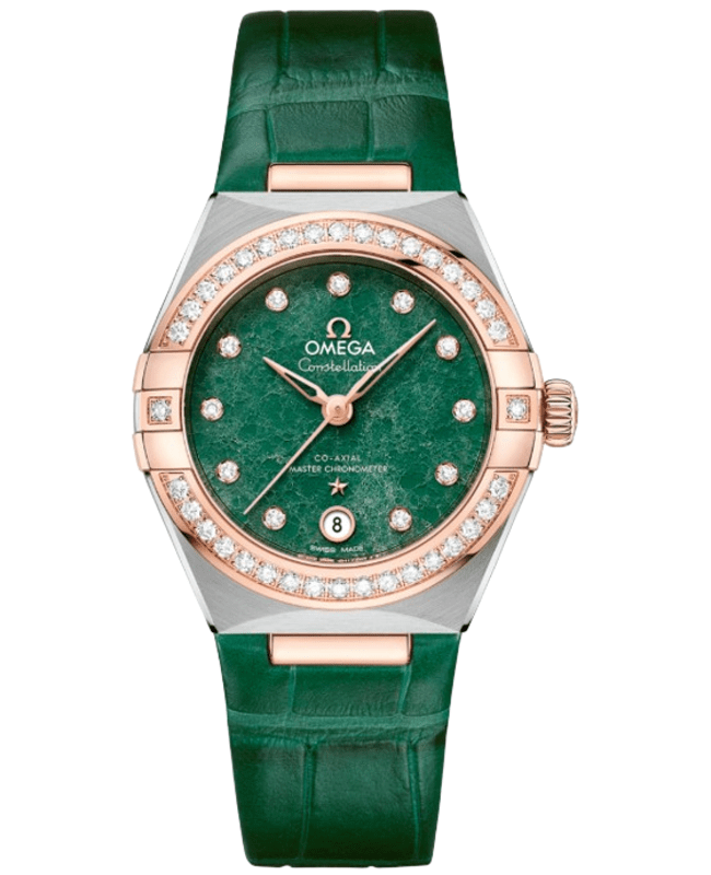 Omega Constellation CoAxial Master Chronometer Diamond Green Dial 18K Rose Gold Leather Strap Womens Watch 13128292099001 13128292099001