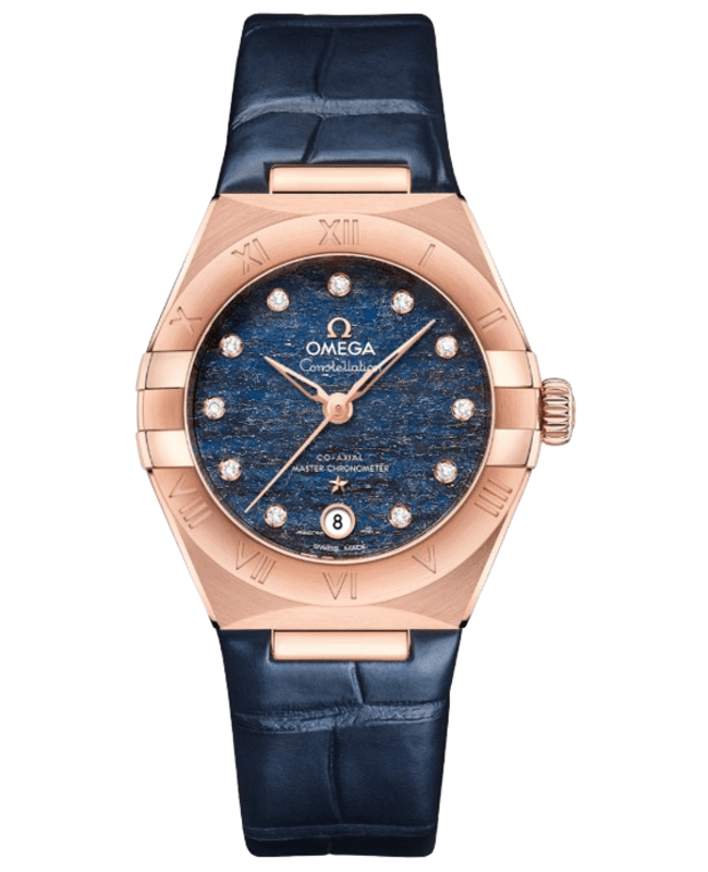 Omega Constellation Co-Axial Master Chronometer Blue Diamond Dial 18K Rose Gold Leather Strap Women's Watch 131.53.29.20.99.001
