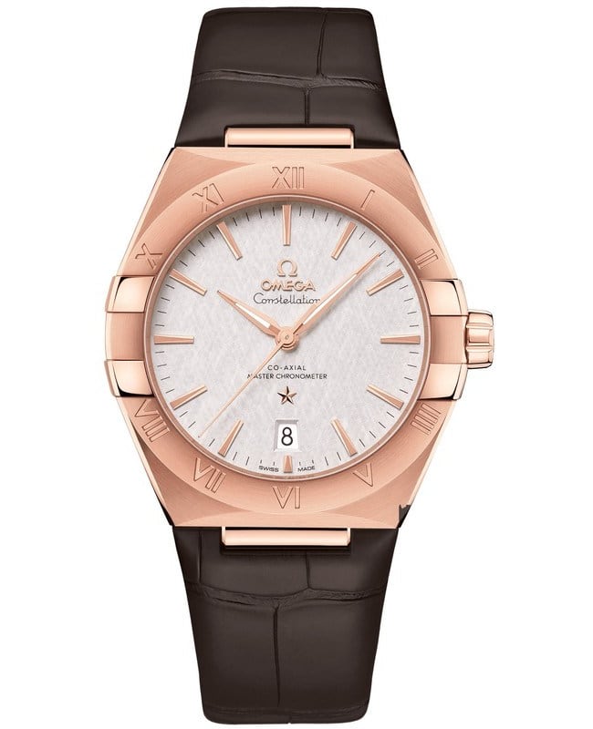 Omega Constellation Co-Axial Master Chronometer Silver Dial 18K Rose Gold Leather Strap Men's Watch 131.53.39.20.02.001