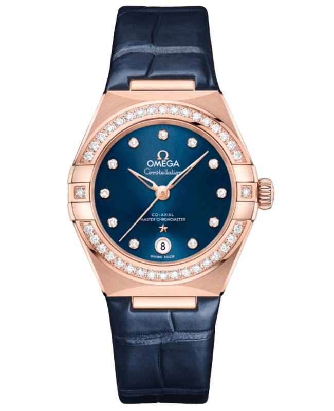 Omega Constellation Co-Axial Master Chronometer Diamond Blue Dial 18K Rose Gold Leather Strap Women's Watch 131.58.29.20.53.002