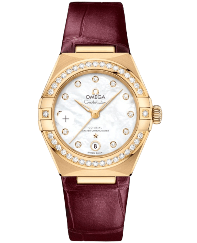 Omega Constellation Co-Axial Master Chronometer Diamond Mother of Pearl 18k Yellow Gold Leather Strap Women's Watch 131.58.29.20.55.001