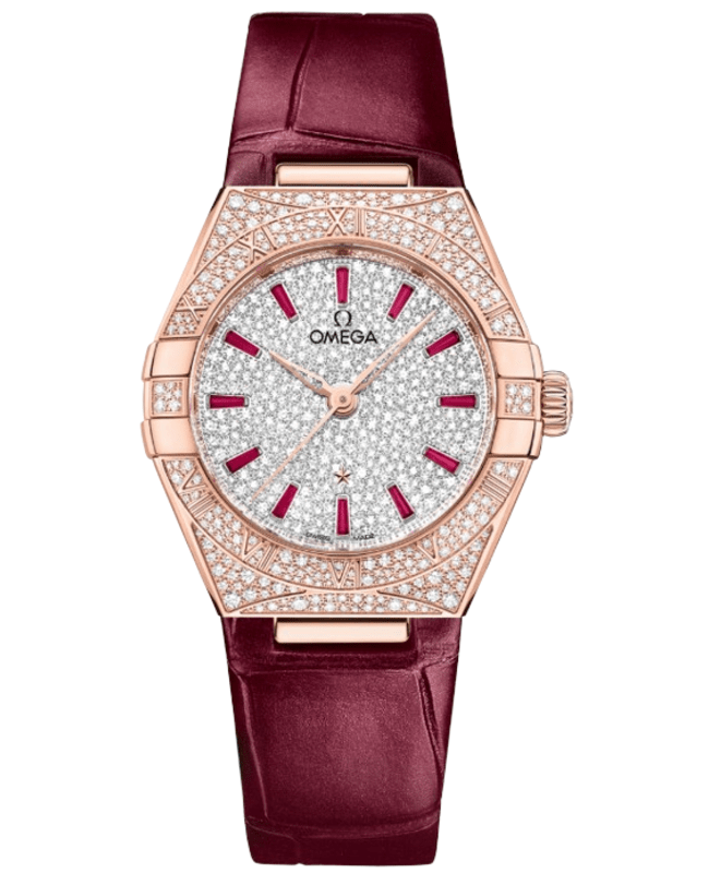 Omega Constellation Automatic Diamond Dial 18K Rose Gold Leather Strap Women's Watch 131.58.29.20.99.001