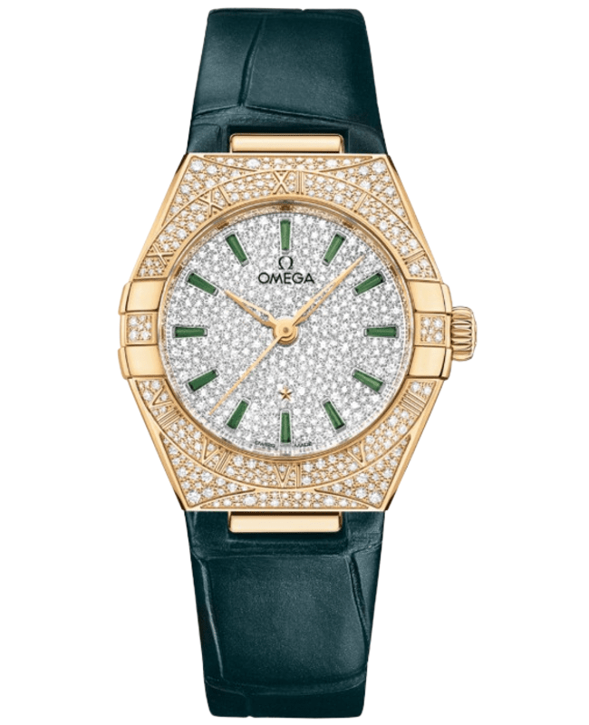 Omega Constellation Chronometer 29mm Automatic Diamond Dial 18K Yellow Gold Leather Strap Women's Watch 131.58.29.20.99.002