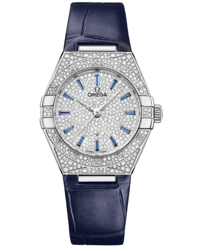 Omega Constellation Diamond Dial 18K White Gold Leather Strap Women's Watch 131.58.29.20.99.003