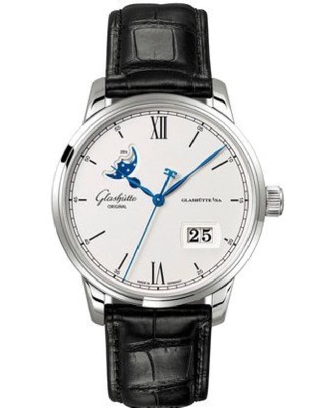 Glashutte Original Senator Excellence Panorama Date Moonphase Silver Dial Black Leather Strap Men’s Watch 1-36-04-01-02-30 1-36-04-01-02-30